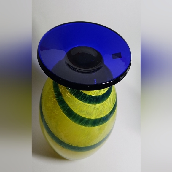 Vintage Czech Art Glass Hand Blown Yellow w/Blue Swirls Vase 11" - Picture 6 of 7